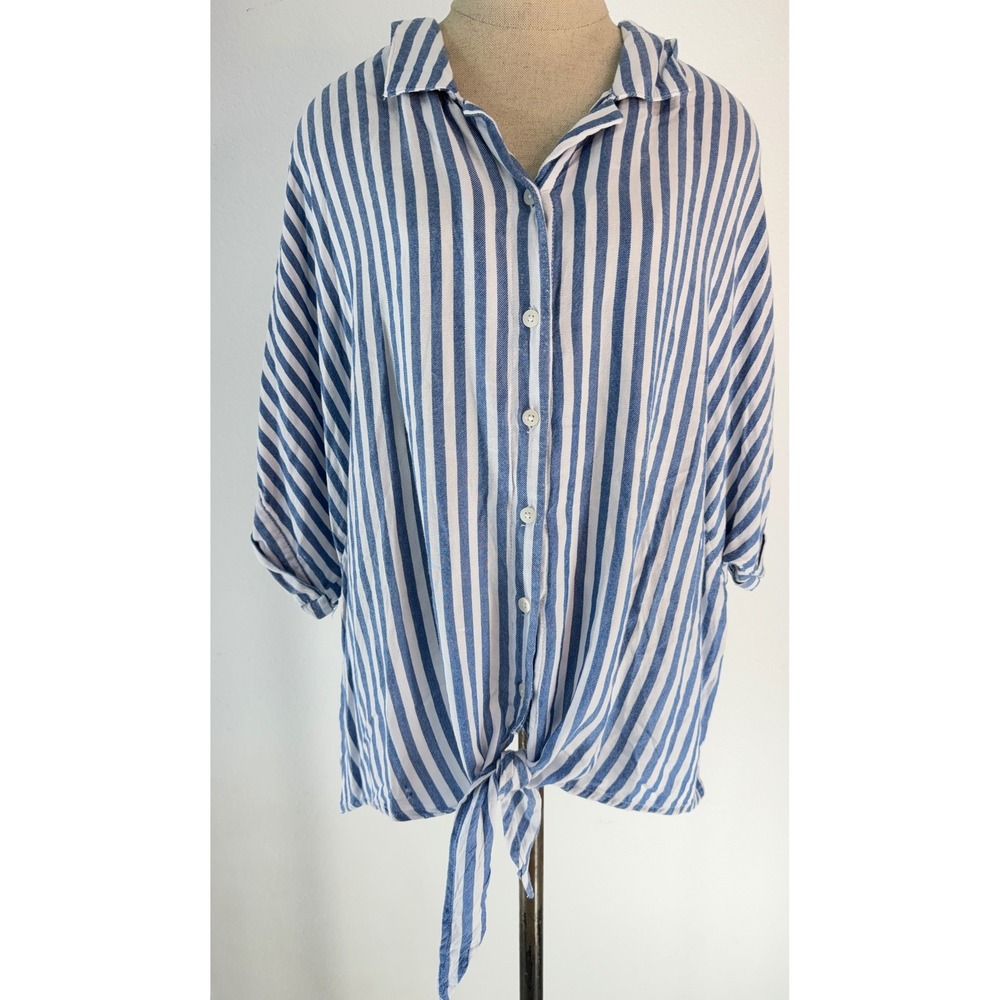 Oversized Striped Button Front Top Blue White Prep Nautical Minimalist Summer 2X
